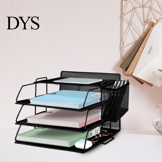 Metal Mesh Organizer 4-Tier Office Storage Rack with Pen Holder Desk Organization Desktop File Stand Manager Accessories Clutter