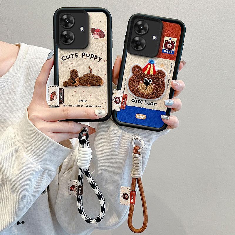 KEYSION Cartoon Cute Plush Embroidery Case for Realme Note 60 60X with Lanyard Shockproof Phone Cover for OPPO Realme Note 60X