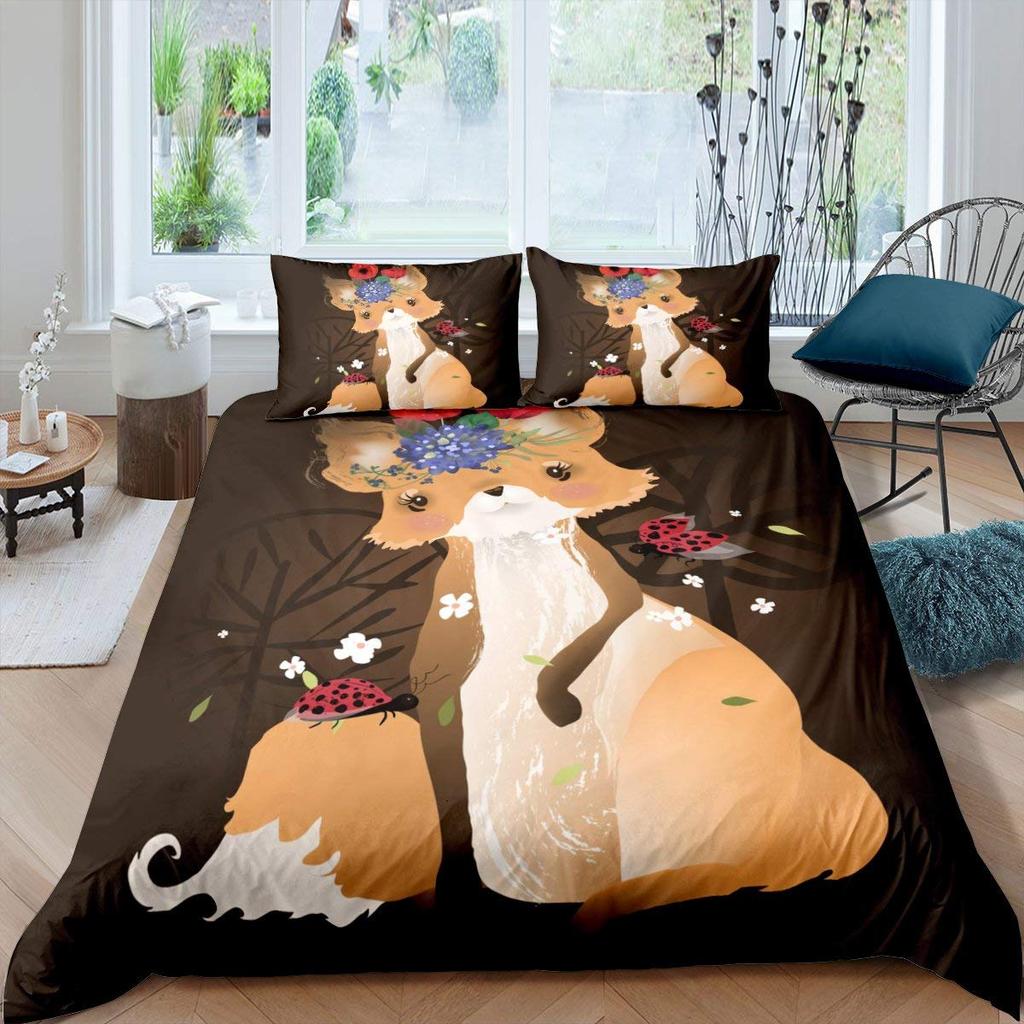 Fox King Queen Duvet Cover Kawaii Cartoon Fox Family Bedding Set For Kids Cute Orange Wild Animal 2/3pcs Polyester Quilt Cover