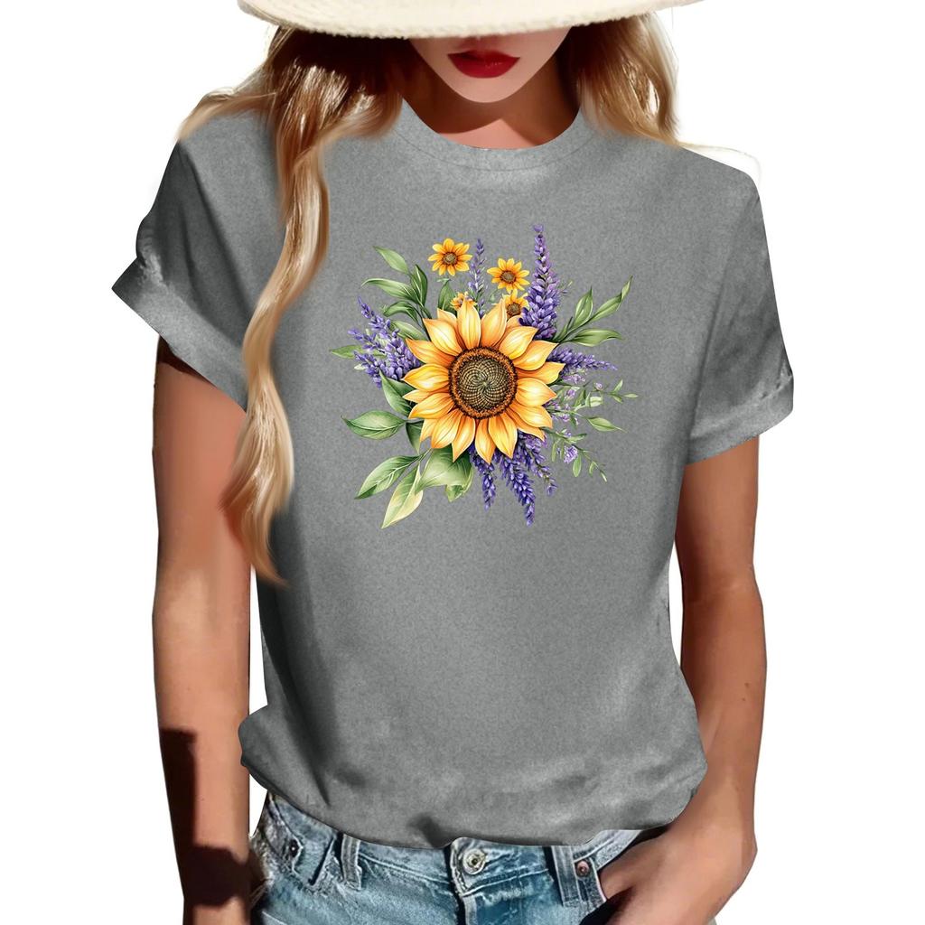 Women's Fashionable Round Neck Casual Retro Print Short Sleeved T-shirt Top