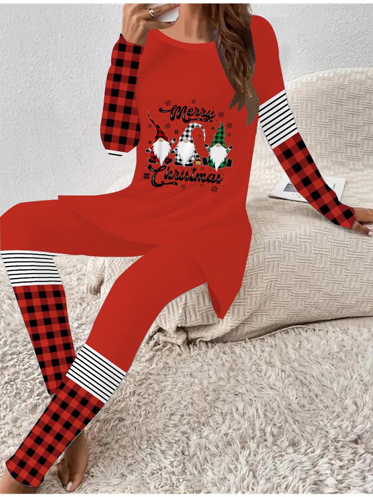 Euroamerická móda 3D Vánoční potisk Dámské Čtyřsezónní Tričko s dlouhým rukávem + Dlouhé kalhoty Dvoudílný set. Perfektní dárek na Nový rok a Vánoce