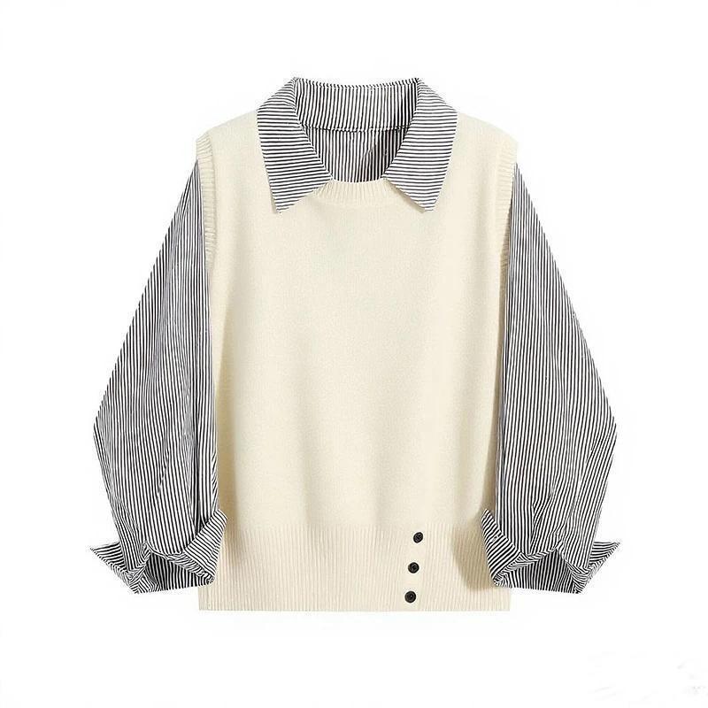 Autumn Winter Korean Commuting Splicing Striped Short Top Polo Collar Fake Two-piece Long-sleeved Sweater for Women