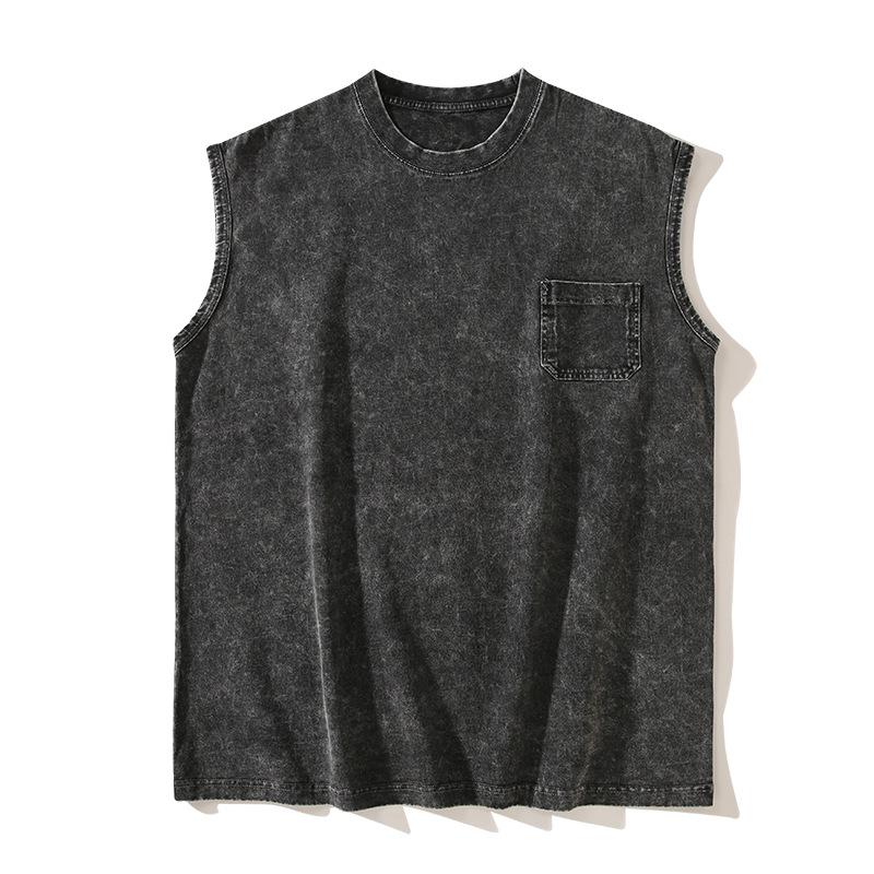 

Men s Vintage Washed Sleeveless T-Shirt - Casual Crew Neck Tank Top with Chest Pocket S чорний