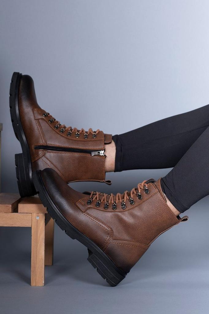 Men's Fashion Faux Leather Flat Heeled Bootie Brown Zipper Boots Shoes