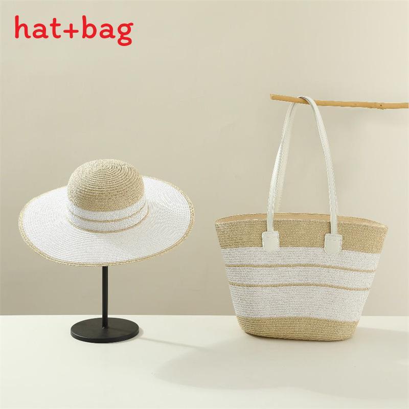 Woven Sun Hat And Large Capacity Straw Tote With Striped Pattern For Travel And Casual Wear