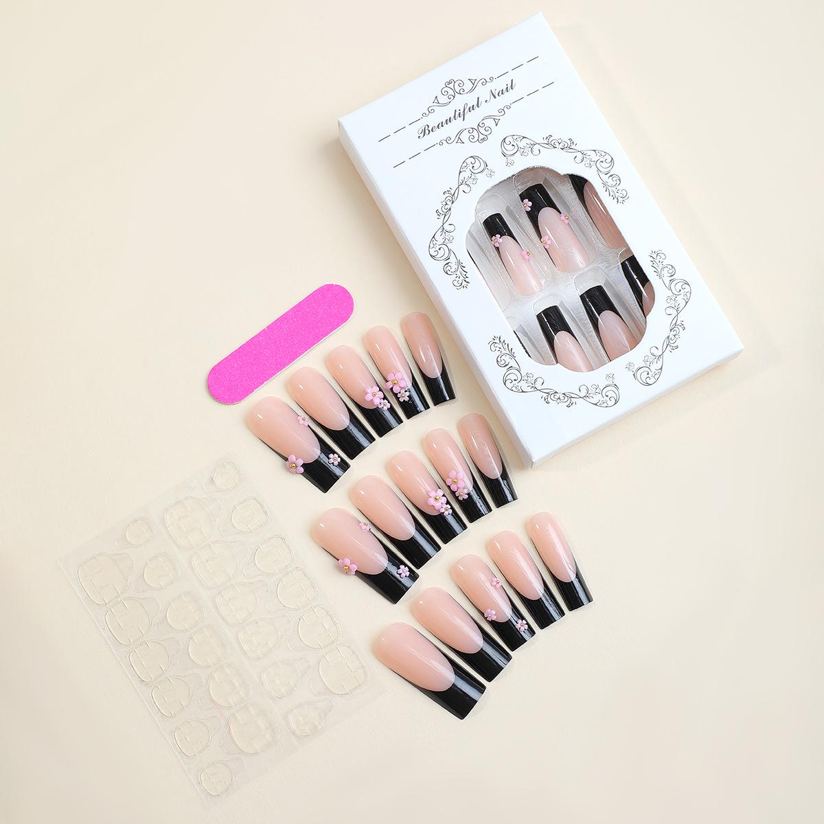 

Европейские и американские длинные черные блестящие 3D цветочные накладные ногти