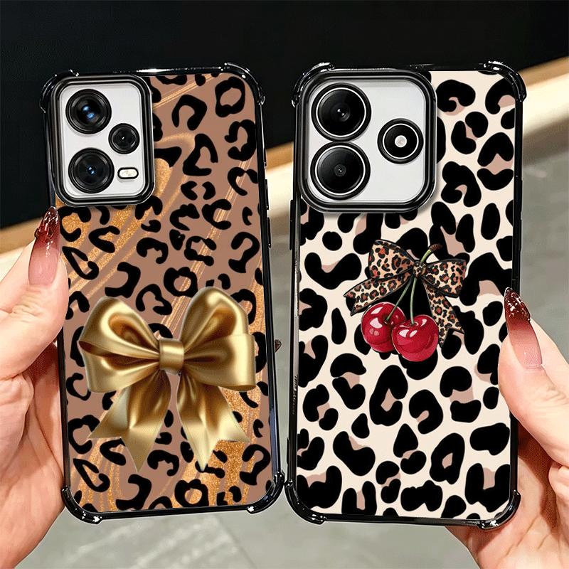 Leopard Print Bow Trend Soft Phone Case For Xiaomi Redmi Note 14 15 Pro Plus 13 12 11S 11T 5G 10 9S 9 Plating Anti-Fall Fundas
