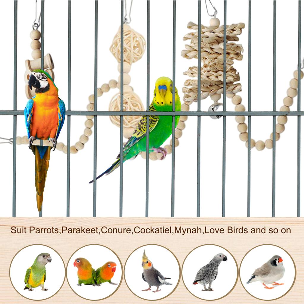 13 kusů hraček pro ptáky 13 kusů hraček z masivního dřeva pro papoušky Hračky z přírodního dřeva houpačky a bidýlka pro klec pro ptáky Hračky na kousání a lezení pro klec pro ptáky