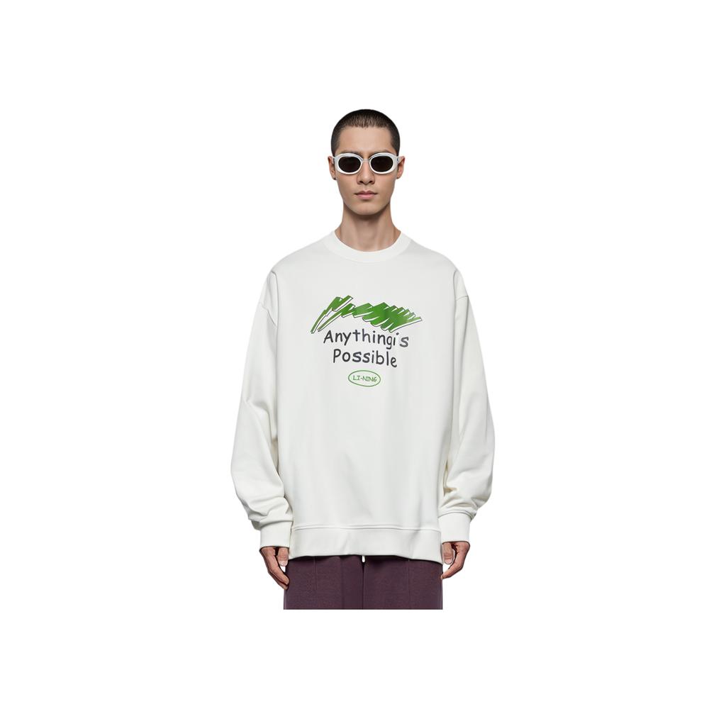 Li Ning Sports Fashion Series Comfortable Casual Letter Print Loose Round Neck Sweatshirt Unisex sweatshirt Off-White AWDUE93-2