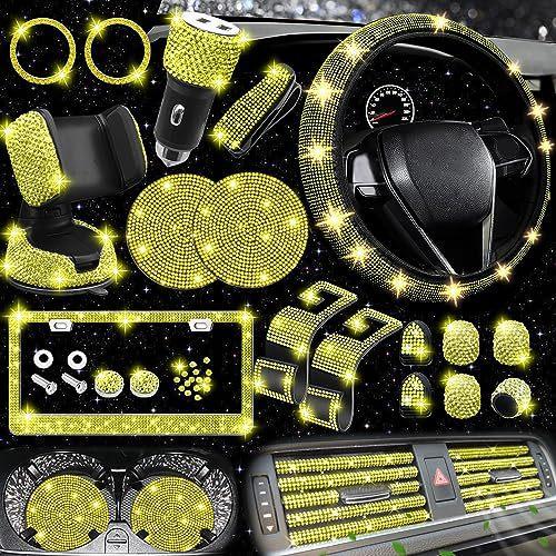 Anti-Slip Comfort Steering Wheel Cover No Inner Ring Elastic Band Diamond Rhinestone License Plate Frame Auto Interior Decoration Universal Black