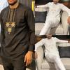 S-4XL Men Dashiki Long Clothes Shirt Trouser Set Mens 2 Pieces Outfit Suit Traditional Male Clothes T-shirt Pant Suits for Men
