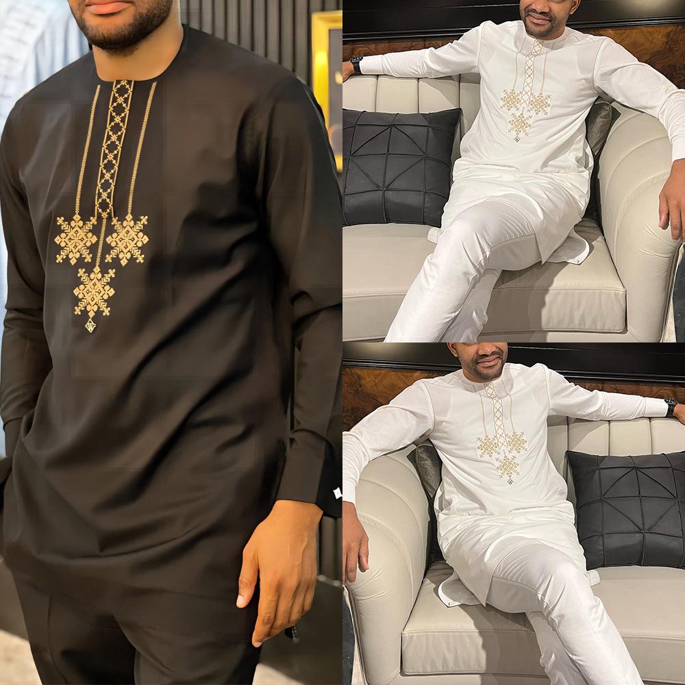 S-4XL Men Dashiki Long Clothes Shirt Trouser Set Mens 2 Pieces Outfit Suit Traditional Male Clothes T-shirt Pant Suits for Men
