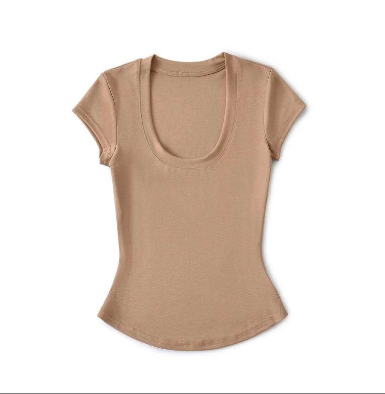 Summer new women's American Tencel U-neck short-sleeved front shoulder T-shirt Spice Girl solid color basic slim-fit and thin top
