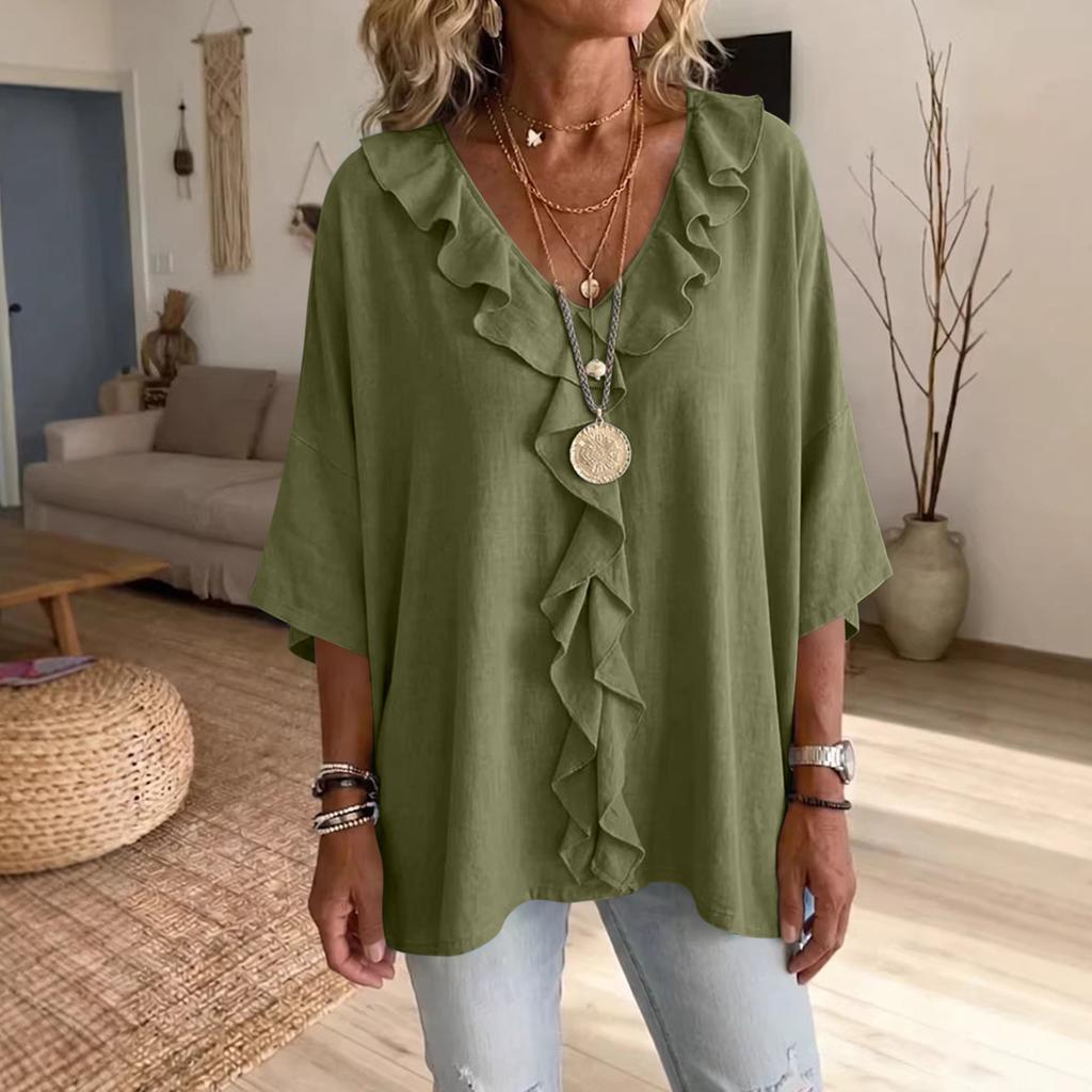 Women's Color Ruffle V-Neck Casual Three-Quarter Sleeve Blouse