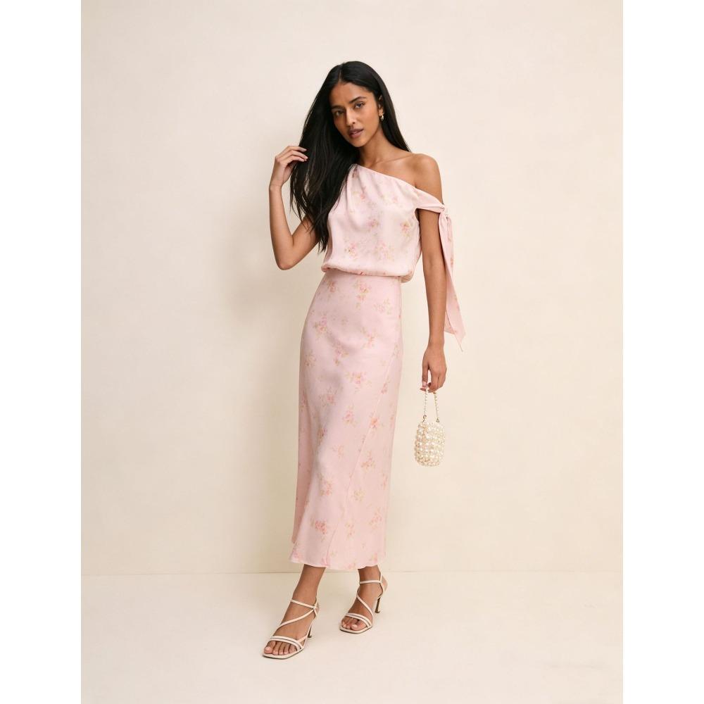 Women s One Shoulder Tie Strap Floral Print High Waist Midi Bodycon Casual Dress S розовый
