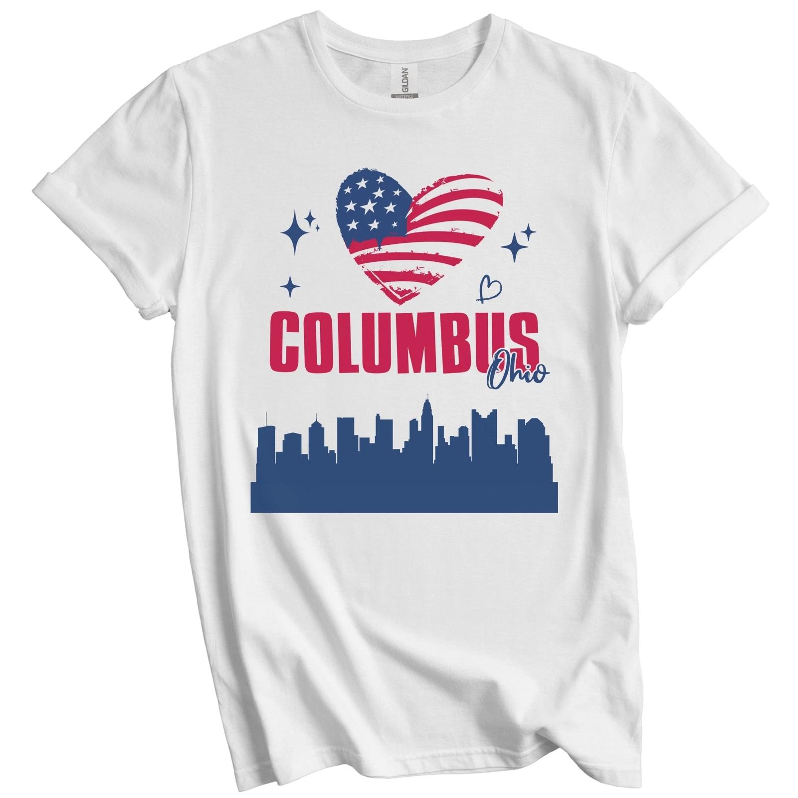 Columbus Ohio Skyline American Flag Heart 4th of July T-Shirt S