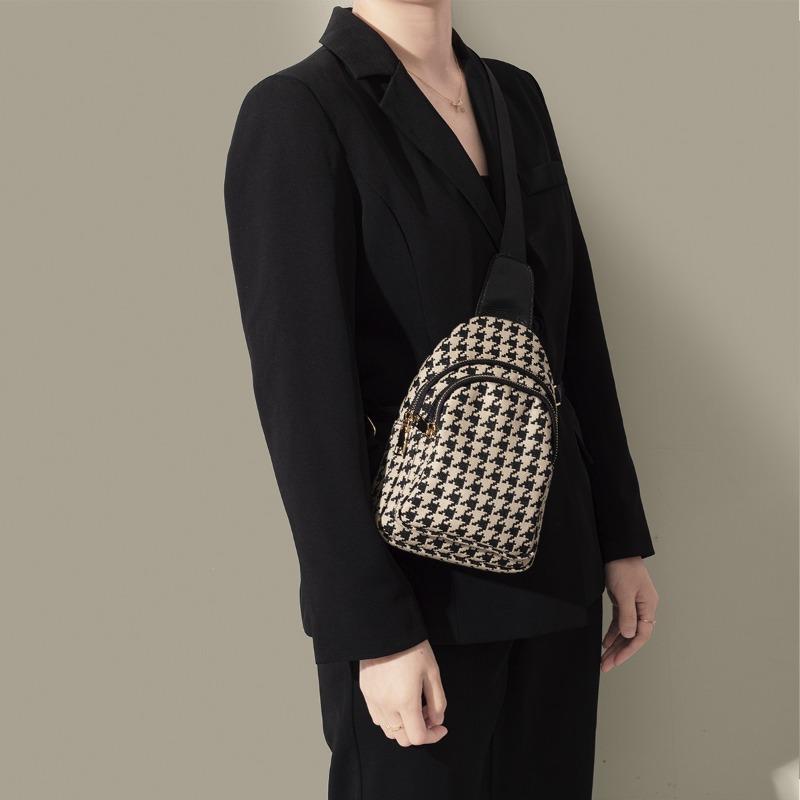 Bags Women's Autumn New Bags Thousand Birds Grid Canvas Oxford Cloth Waterproof Waist Pack Chest Pack Lightweight and Advanced