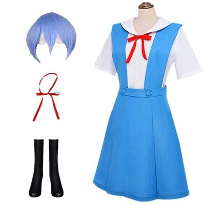 Damski Seksowny Kostium Cosplay Nowy Evangelion Sukienka Szkolny Anime Mundurek z Peruką i Czarnymi Podkolanówkami Kostium na Halloween