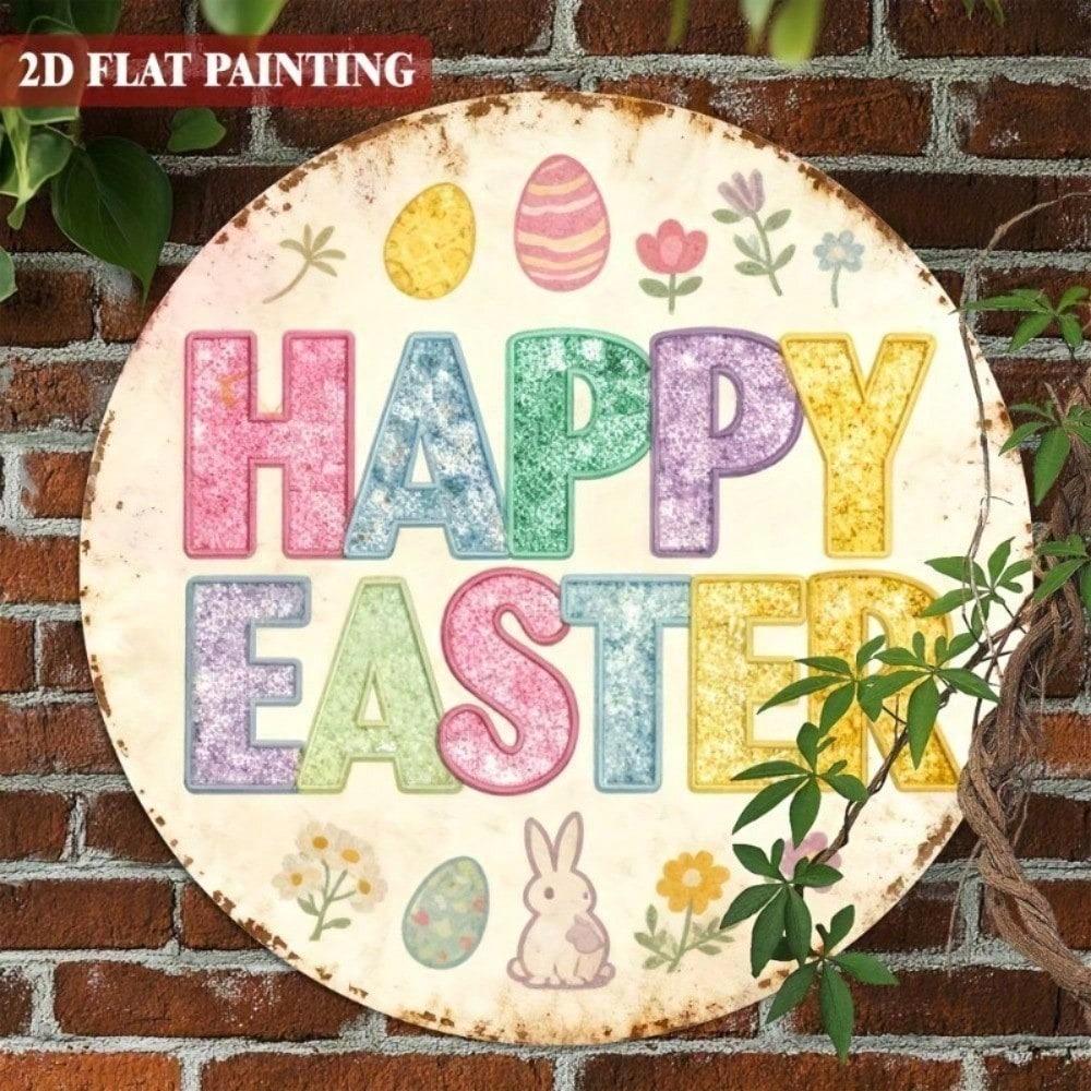 Vintage Happy Easter Bunny Floral Round Metal Sign Holiday Wall Decor For Home Cafe Restaurant