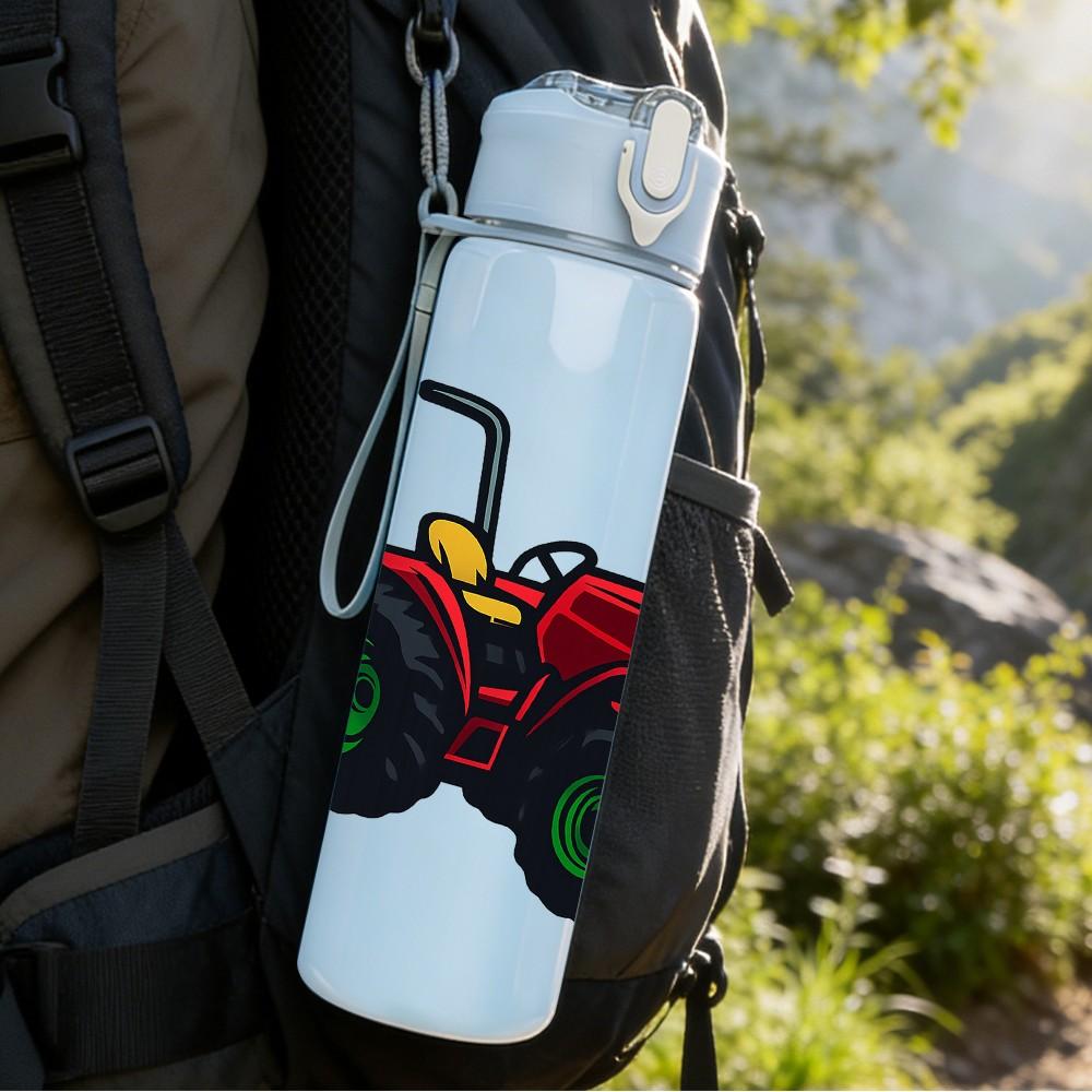 1PC Red Farm Tractor Pattern 750ml Color Plastic Sports Water Bottle Leakproof Flip Straw Lid Suitable for Sports Office Home Use