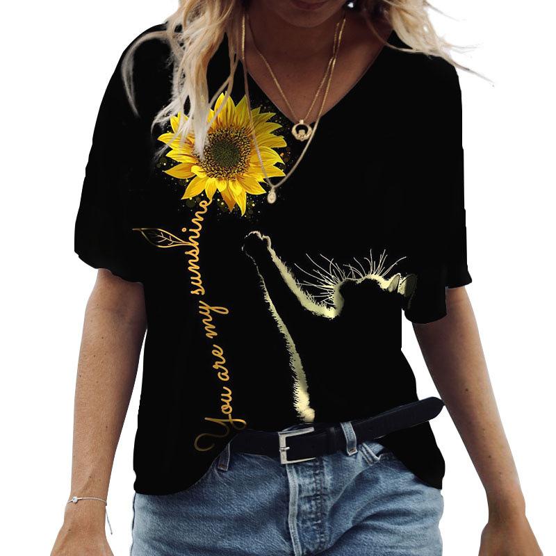 

Летняя футболка с коротким рукавом и V-образным вырезом, новая, женская, повседневная, с 3D-принтом подсолнуха XS