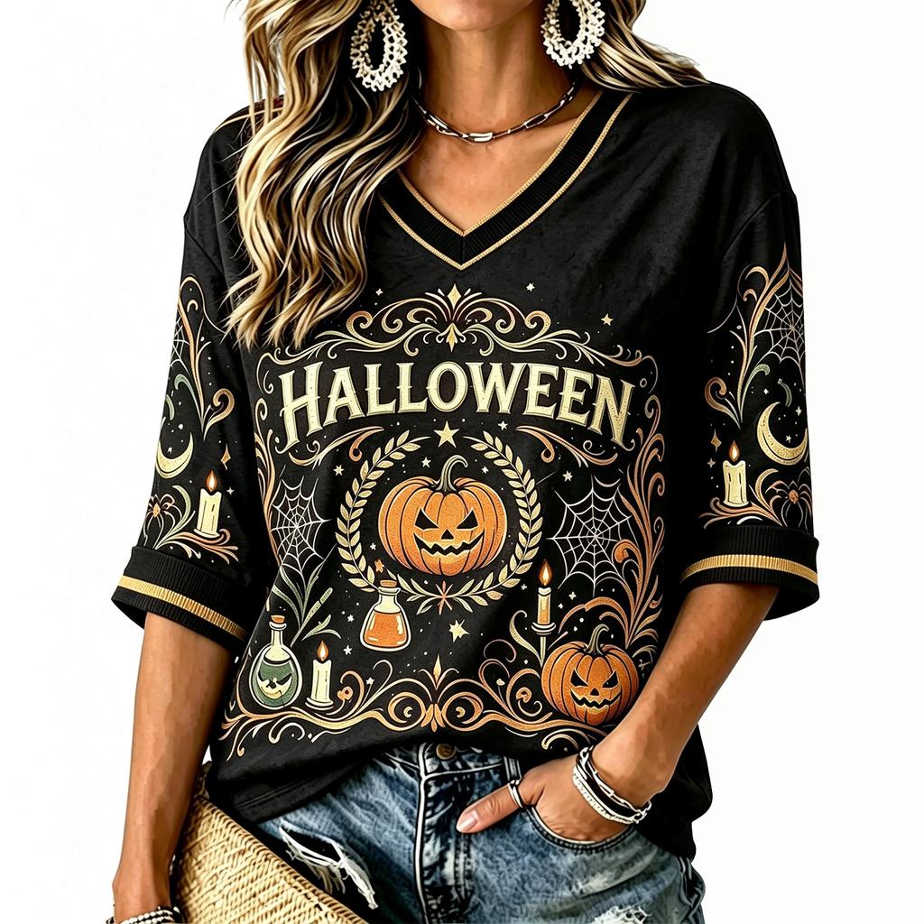 Women's Casual Halloween Print V-Neck T-Shirt