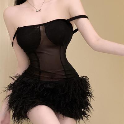 Sexy Backless Mesh Slip Dress Feathers Black Lace Bodycon Wrap Slim Sheath Mini Short Dresses Night Club Party Outfit