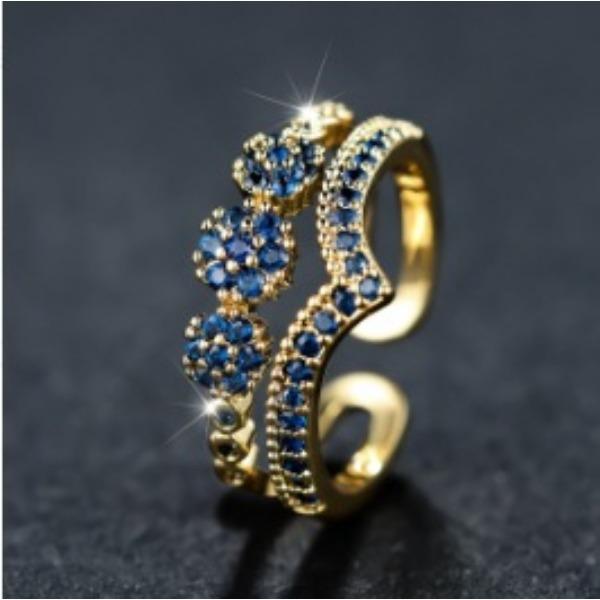 Golden Double Layer V Shaped Open Ring Fashionable Personalized Versatile Micro Inlaid Zircon Ring
