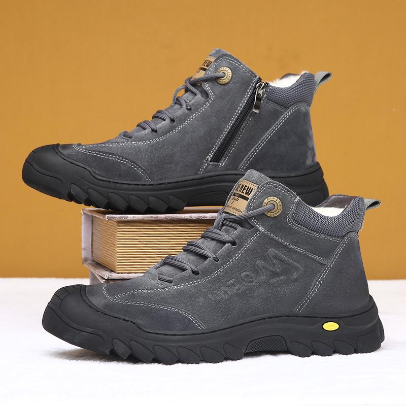 Vintersnøstøvler for menn: Ekte skinn, Tykk fløyel, Utendørs bomullssko med ullfôr for varme