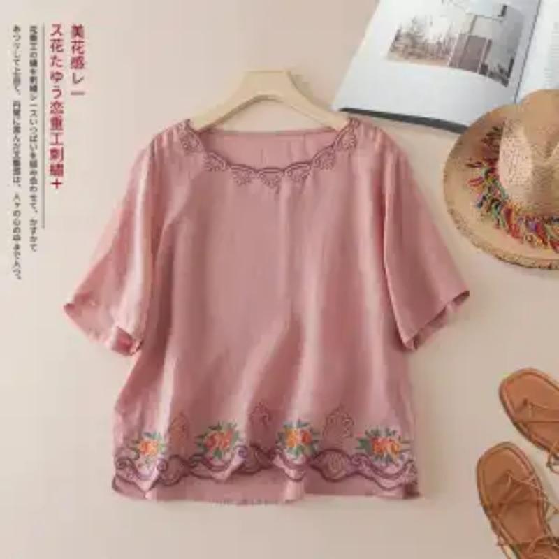 Letnia Nowa Moda Casualowy Styl Retro Haftowany Sweter Bawełniany Len T-shirt