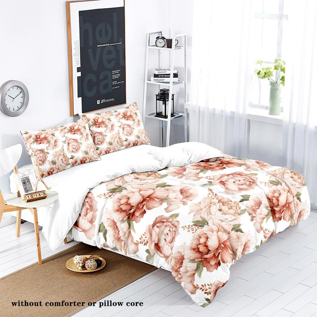 Copripiumino in piuma con stampa floreale rosa naturale, 3 pezzi (1 copripiumino+2 federe, senza imbottitura) set biancheria da letto