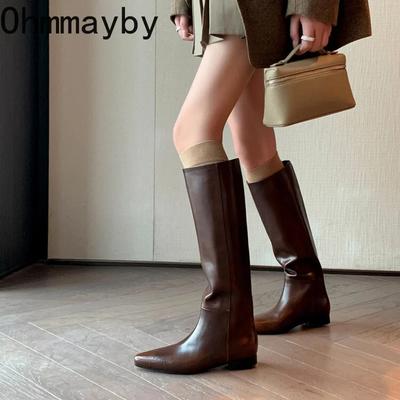 Designer Vintage Women Knee High Boots Fashion Slip On Long Booties Autumn Winter Low Heels Ladies Warm Short Plush Shoes