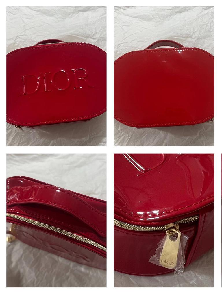 Dior Red Glossy Cosmetic Bag with Handle, Portable Travel Makeup Organizer