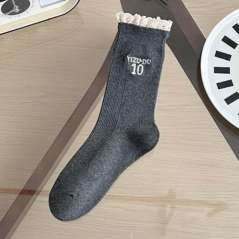 

Кружевные носки для женщин, носки до середины икры для осени и зимы, модные носки с ретро-цифровой вышивкой для женщин, женские носки Dui Dui 1 pair серый