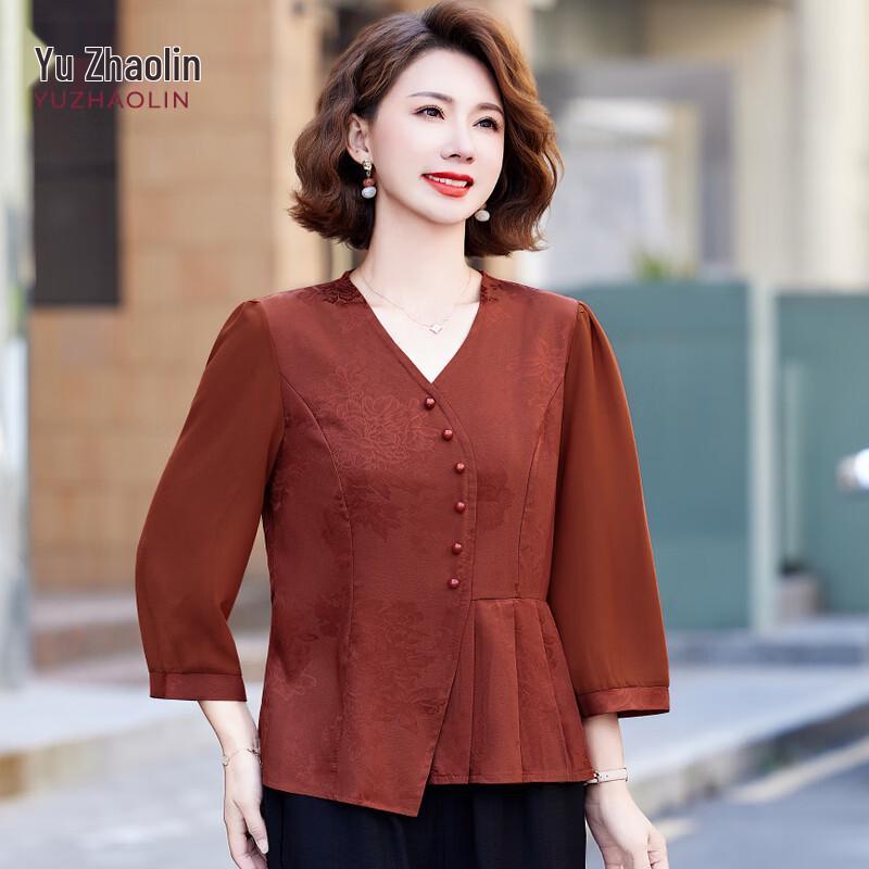 YUZHAOLIN Mid-Aged Women s Versatile Chinese Style V-Neck Blouse 3XL