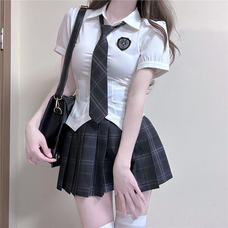 Women's Preppy Style Waist-Hugging Short-Sleeved JK Uniform Skirt Set