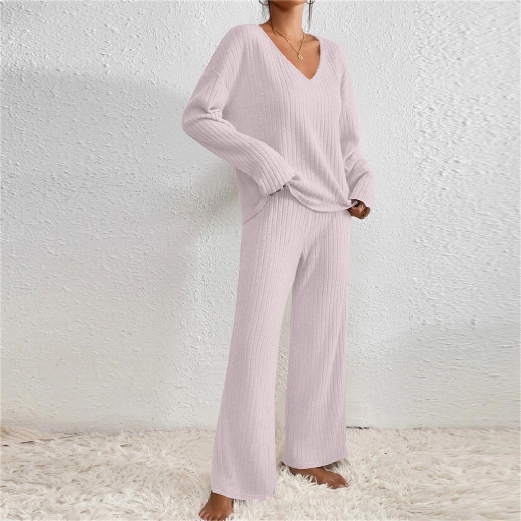 Set din două piese pentru femei, cu decolteu în V, cu mâneci lungi și pantaloni