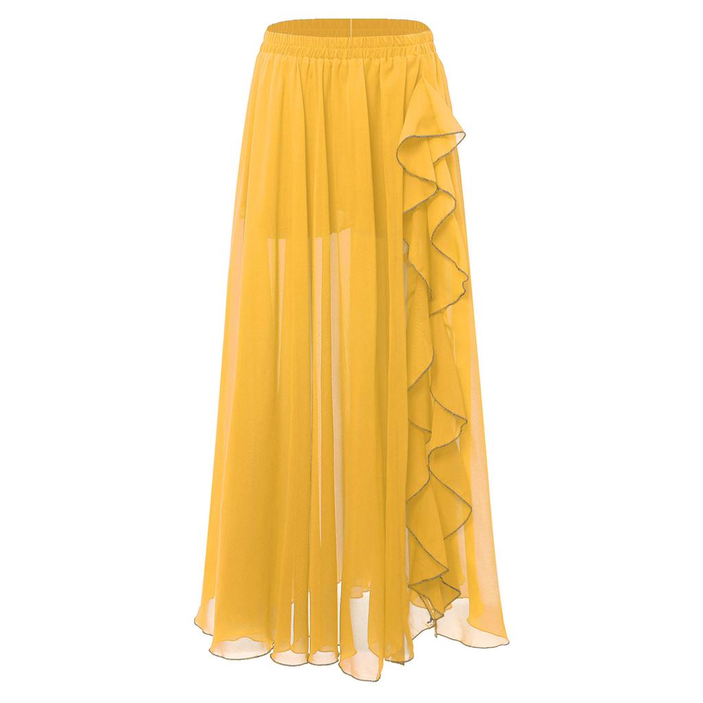 Gonna Chiffon Danza del Ventre da Donna Vita Elastica Volant a Cascata Spacco Laterale Costume da Ballo Svasato