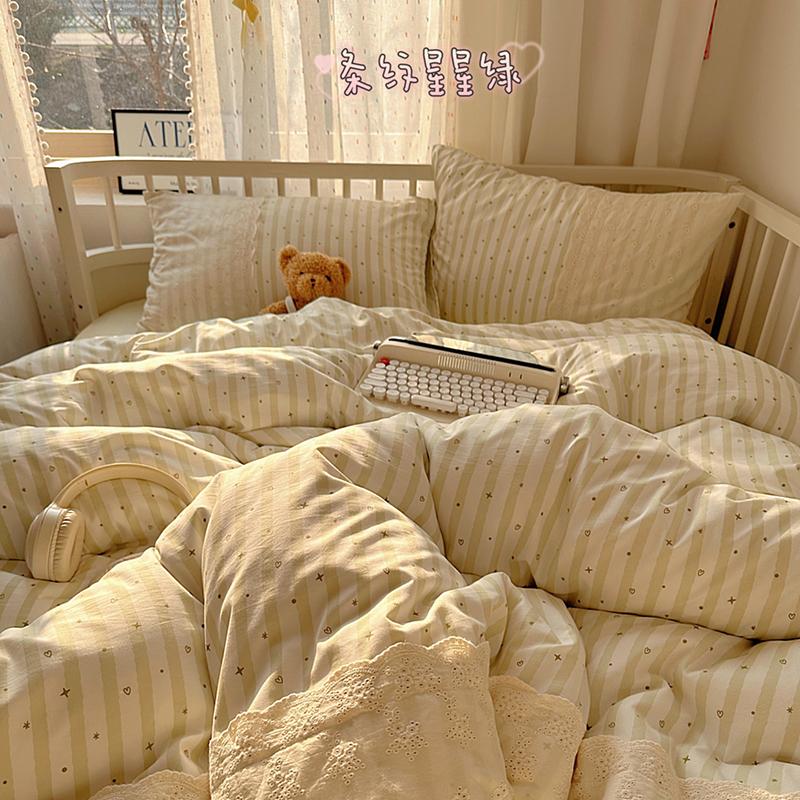 

Striped Princess Bedding Set INS Nordic Girls Soft Washed Cotton Bed Flat Sheet Twin Queen Size Duvet Set Pillowcase Bed Linens 1.5m bed 3pcs