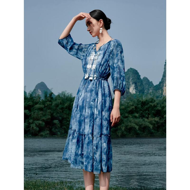 

JZ ANNAKO Resort Faux Denim Print Drawstring Dress L