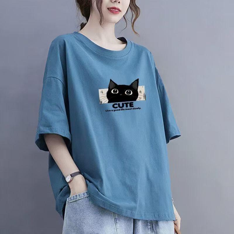 Cotton Short Sleeve T-shirt Women Loose Fashion Medium Sleeve Tops Summer Vintage T-Shirt