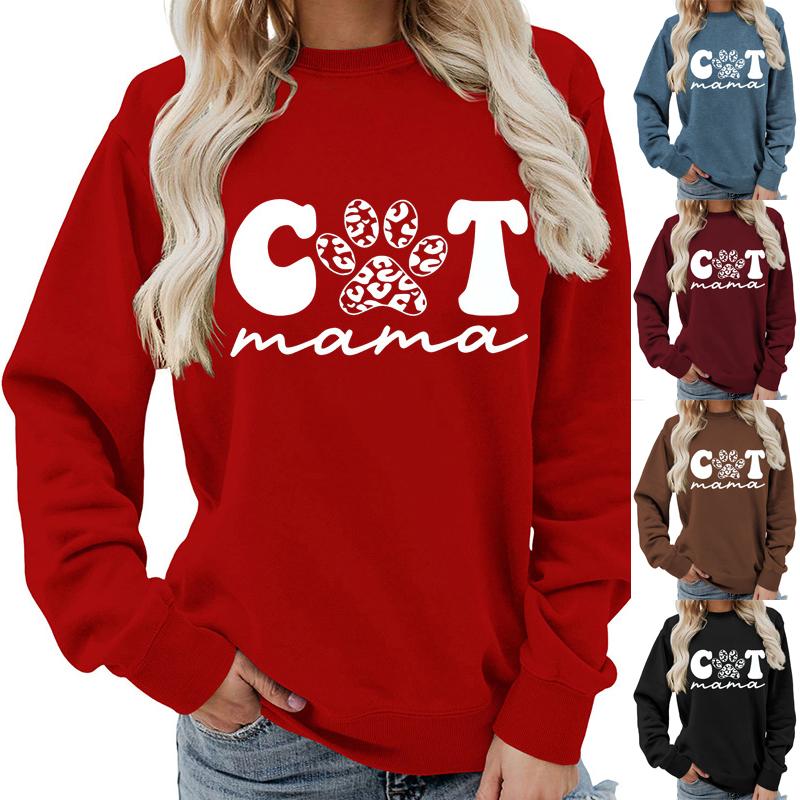 Women's Fashion Round Neck Long Sleeve Colorful Cat  Letter Top Sweatshirt