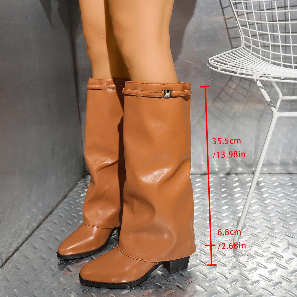 

Внешняя торговля 2025 осень и зима новые остроносые сапоги-трубы средней длины с металлической пряжкой большого размера на толстом каблуке модные женские 36