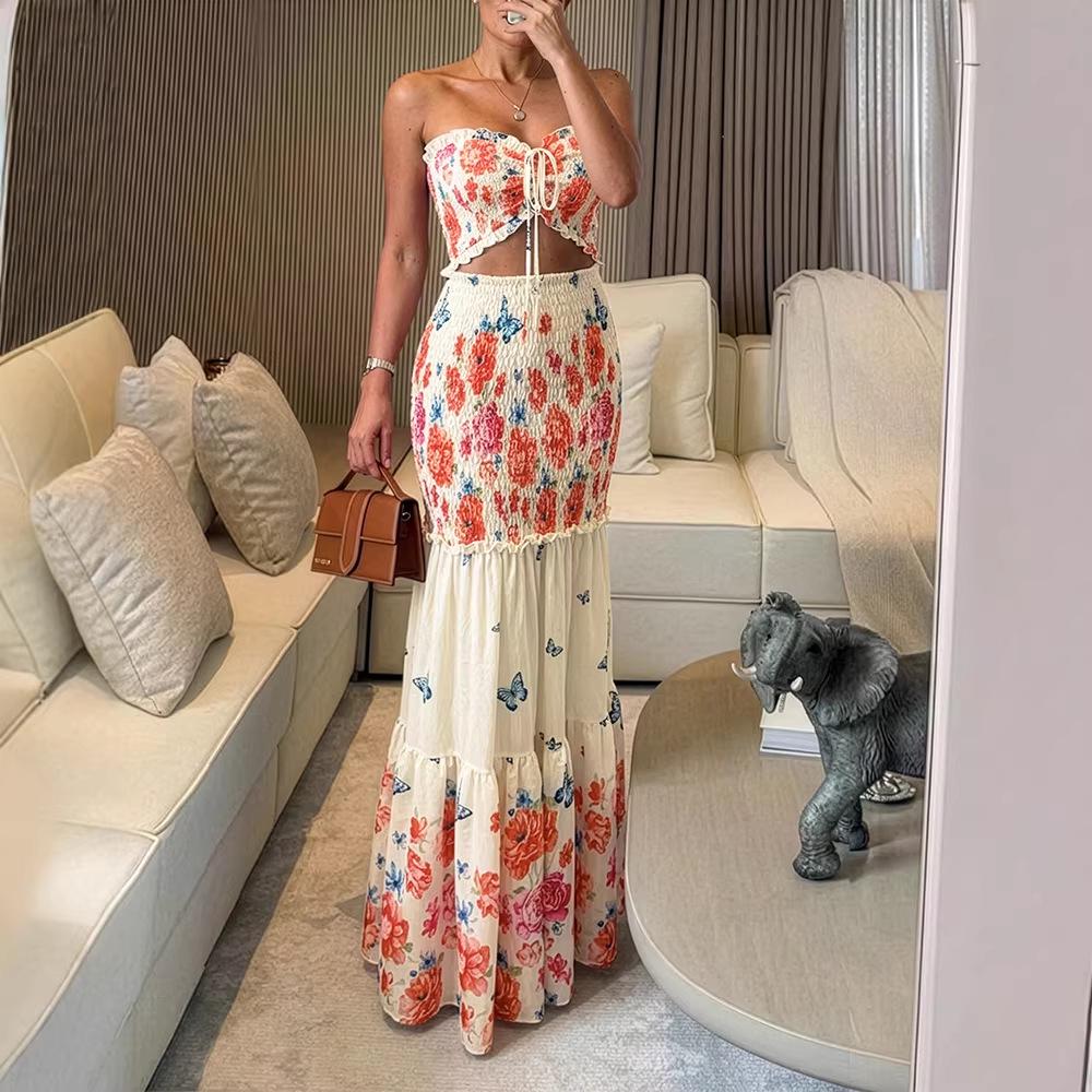 Tropical Plant Print Strapless Ruched Long Skirt Set