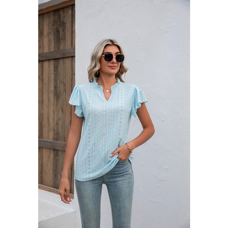 Camiseta de Verano para Mujer Cuello en V Manga Corta con Volantes Top Holgado de Manga Corta