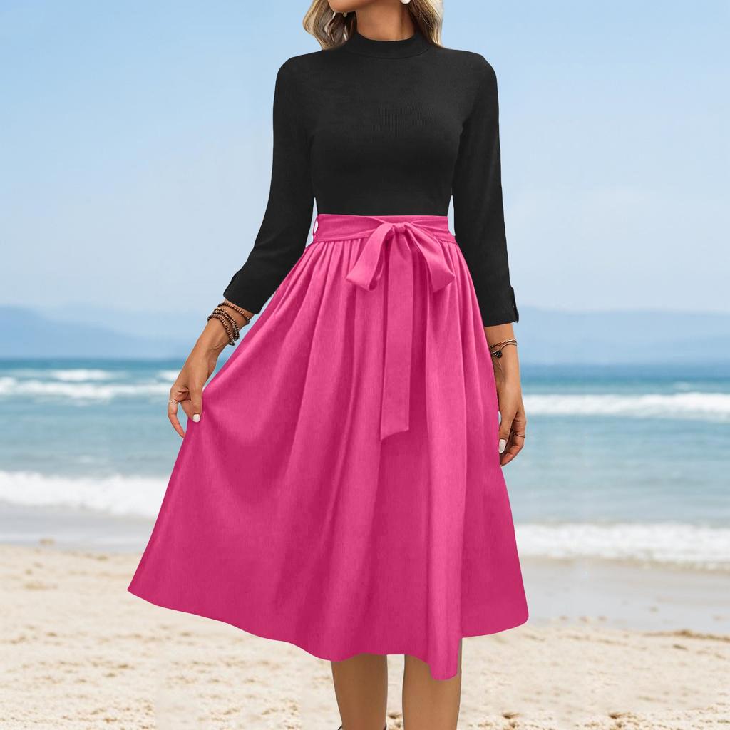 Dámské módní ležérní šaty se sedmirukávovým kulatým výstřihem v jednobarevném provedení