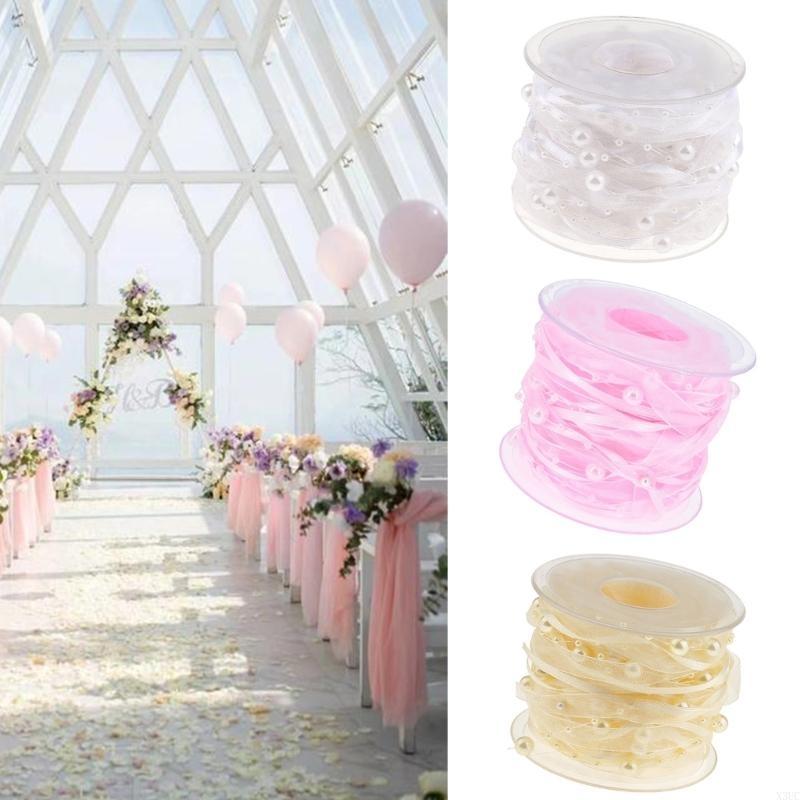 Multipurpose 10m Length White Organza Ribbon with Pearls Detail Accessory for Festival and Artistics Creation 10mm X3UC