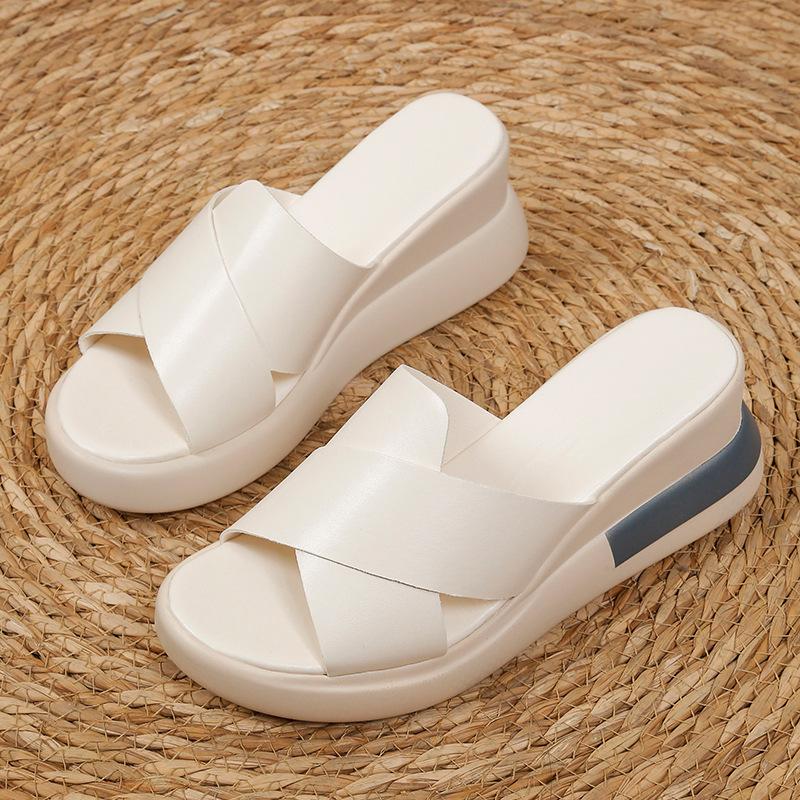 Muffin thick-soled wedge heel sandals women's summer outer wear empty cross solid color cool slippers large size high-heeled sandals women