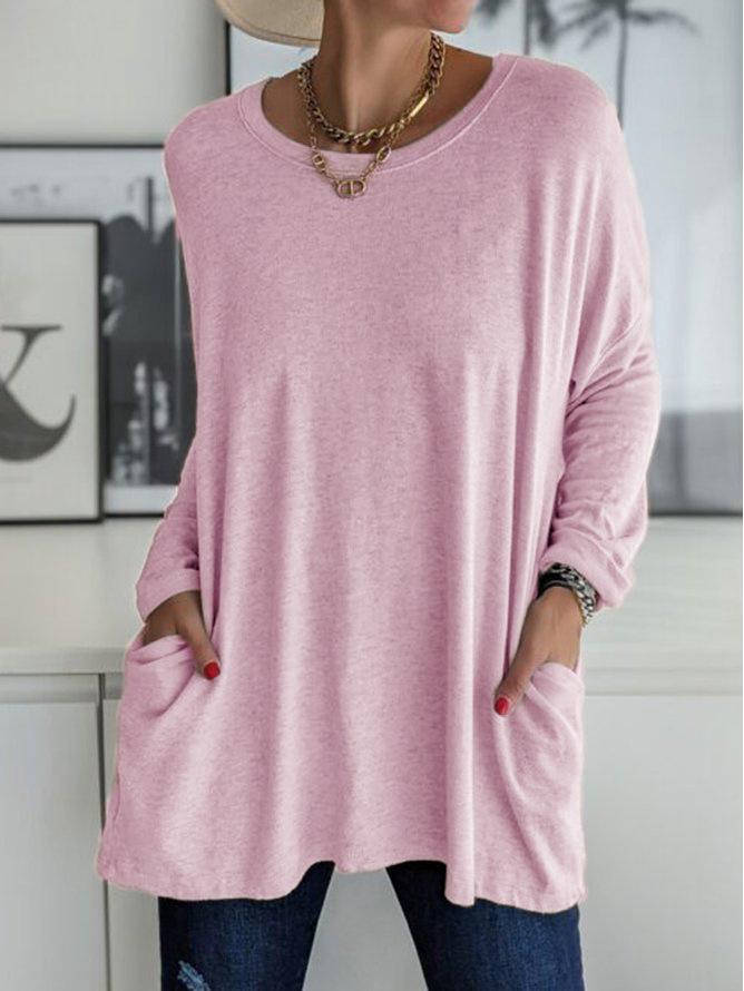 2023 Spring/Summer Women's Casual Solid Color Long Sleeve Round Neck Pocket T-Shirt
