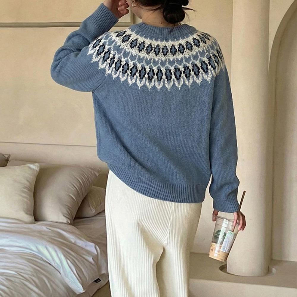 Women's Crew Neck Long Sleeve Sweater Regular Fit Casual Fair Isle Knit Pullover Top